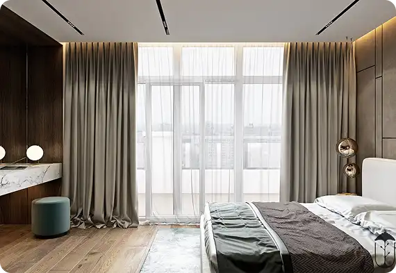 apartment bedroom layered curtains