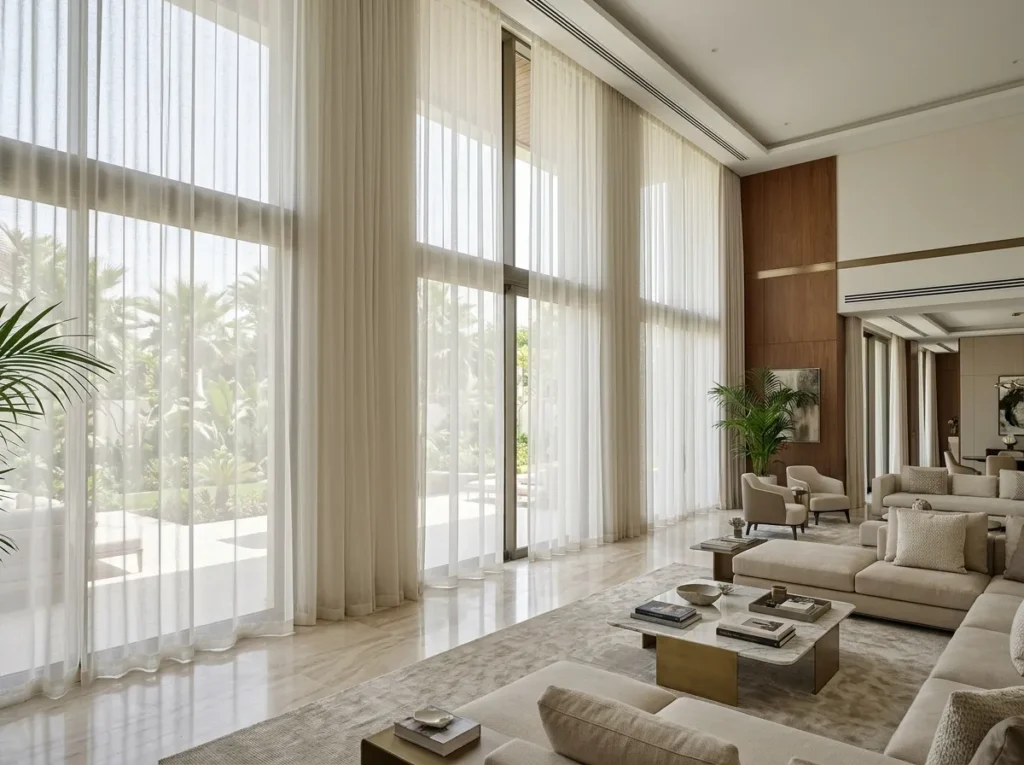 Modern villa interior with curtains
